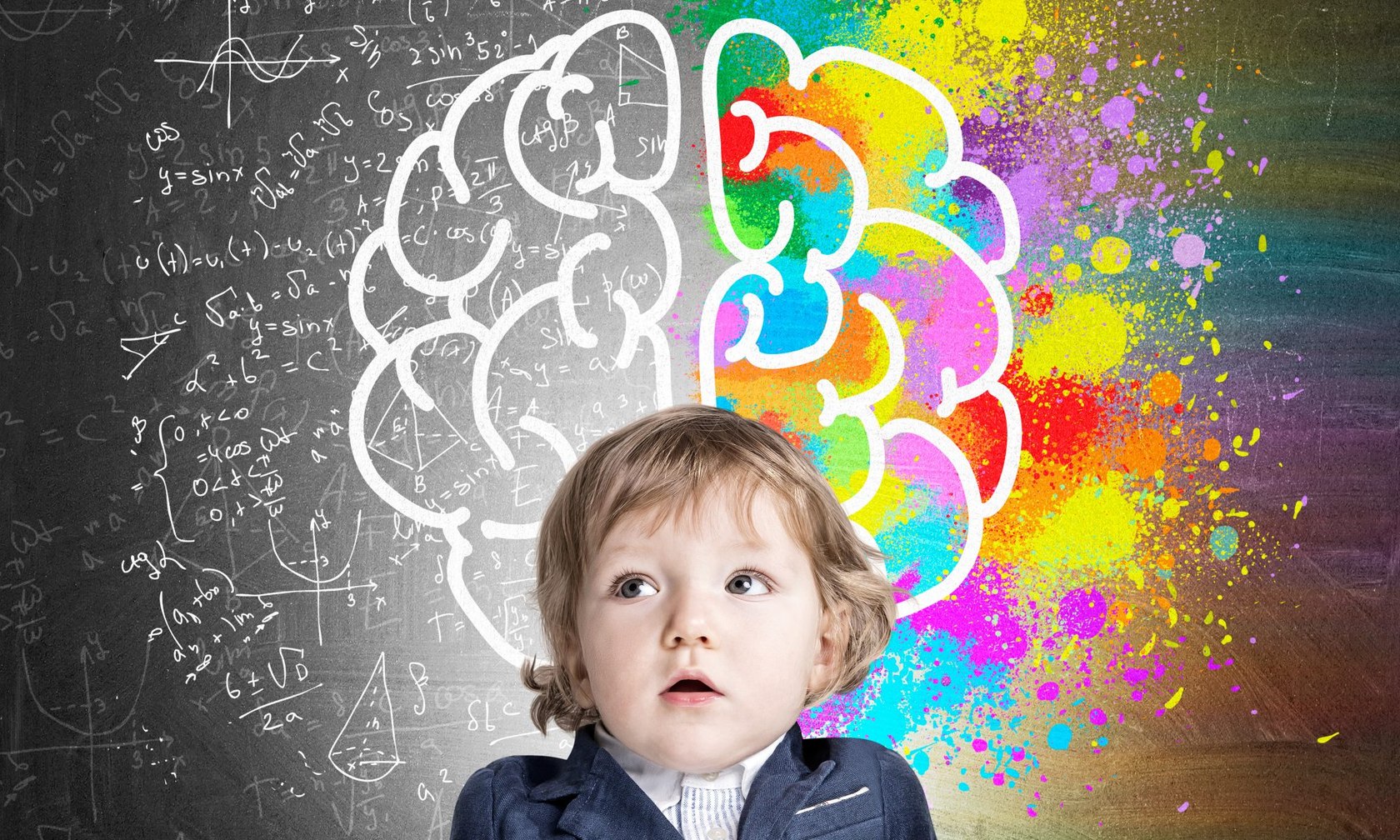 Conceptual illustration of a child with a colourful brain drawing